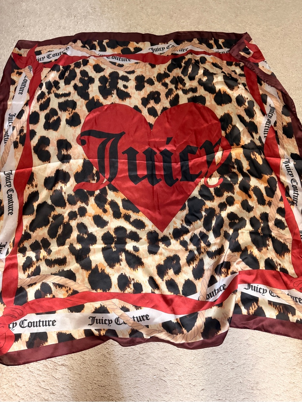 Juicy Couture Leopard Print Satin Scarf with Burgundy Border